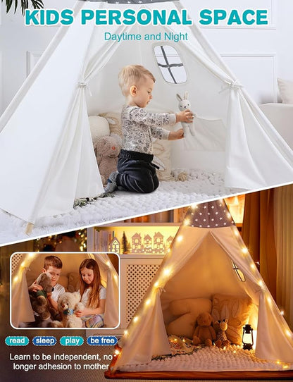 Sumbababy Teepee Tent for Kids Slumber Party - Cotton Canvas Foldable Kids Tent Indoor with Light & Flag Play House Outdoor - Toddler Tipi Playroom for Girls Gift Toys - Tee Pee Tents(Stars Design)