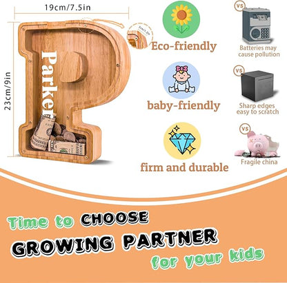 Wooden Letter Piggy Bank for Kids Larger Letter Piggy Bank for Boys and Girls Personalized Piggy Bank Initial Coin Bank Wood Kids Money Bank for Birthday and Festival