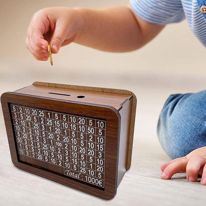 10000 Savings Challenge Box, Money Saving Box with Money Target and Numbers, Cash Vault Wooden Savings Box, Wooden Money Box, Coin Counter Piggy Bank for Adults, Wooden Coin Bank for Kids 1,000