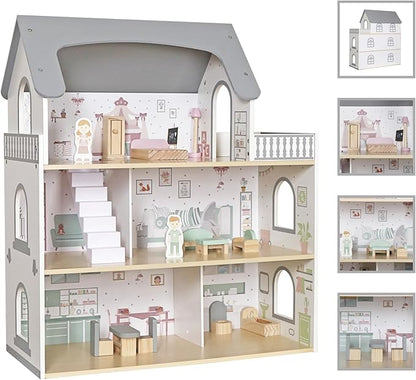 Wooden Dream Playhouse for Girls with Balcony,Doll House for Kids with Furniture,DIY Pretend Play House Toy, Children Dollhouses Toys with 12 PCS Accessories,Birthday Gifts for Boys Girls Ages 3+