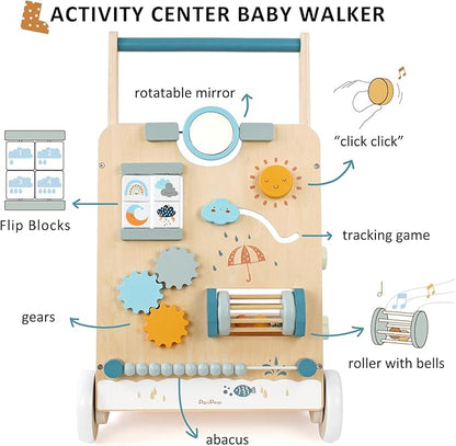 PairPear Wooden Baby Walker, Baby Push Walker, Montessori Walker Toy with Activity Center for Girls Boys, Adjustable Speed Baby Walker for Kids Development