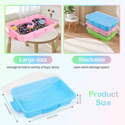 3 Pcs Sensory Bin Sand Tray with Lid & 3 Stickers, Stackable Plastic Storage Containers, Portable Sandbox Toy, Organizers for Toys, Sand, Arts, Crafts (Blue, Green, Pink)