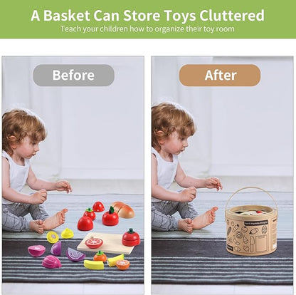 WHOHOLL Wooden Play Food for Kids Play Kitchen Accessories Playset with Basket, Pretend Cutting Food Montessori Toys for 3 4 5 6 Year Old, Velcro Vegetables Fruits Toys Gifts for Fine Motor Skills
