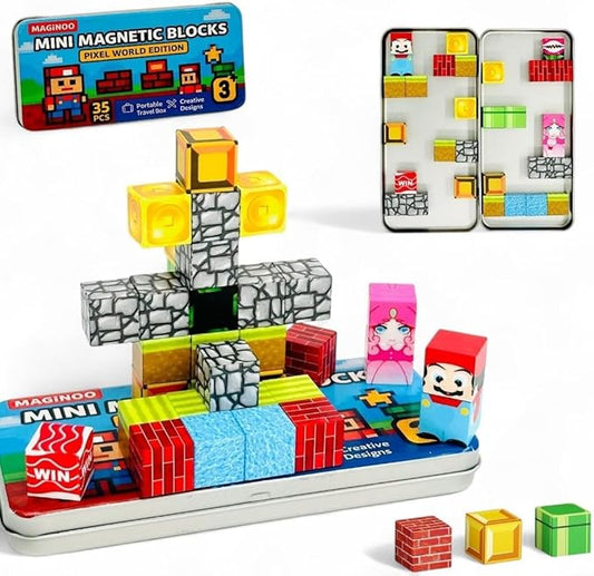 35PCS Pixel World Edition Mini Magnetic Blocks – Creative 3D Building Cubes, STEM Educational Travel Magnet Toy with Iron Box, Safe Learning Gift for Kids Ages 3–8, Boys & Girls