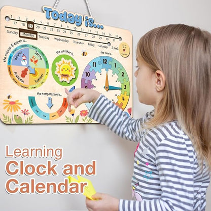 Interactive Calendar for Kids Ages 3+, Wooden Toddler Calendar, Teaching Seasons, Years, Months, Days of Week, Daily Activity Calendars for Kid Preschool & Homeschool (10 x 14 inches)