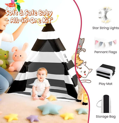 Teepee Tent for Kids with Padded Mat, Lights, and Carry Bag, Washable Playhouse for Indoor Use, Ideal Play Tent for Girls and Boys, Stripe Black