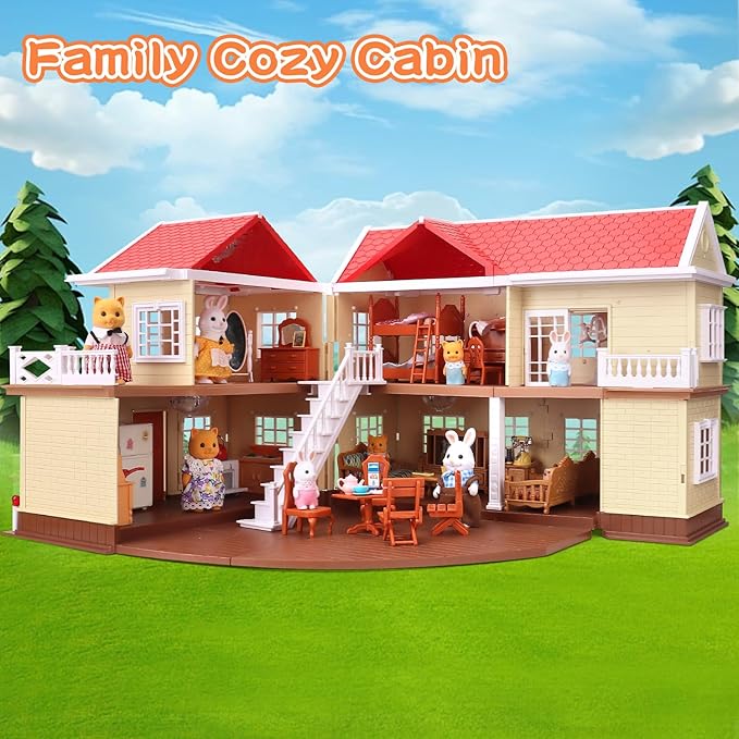 Family Cozy Cabin Doll House Playset, Dollhouse Furniture and Accessories,DIY Cottage Pretend Play Dollhouses, for Toddlers, Boys & Girls