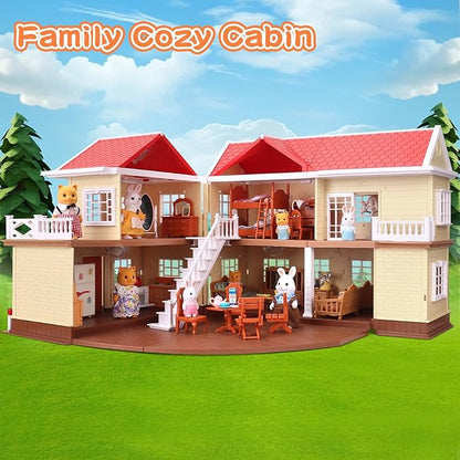 Family Cozy Cabin Doll House Playset, Dollhouse Furniture and Accessories,DIY Cottage Pretend Play Dollhouses, for Toddlers, Boys & Girls