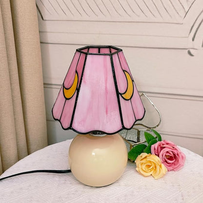 Mushroom Lamp Tiffany Stained Glass Moon lamp Cute Small Bedside Table Lamps for Living Room Home Decor,Girls Women Birthday Christmas Thanksgiving Day Gift,Pink