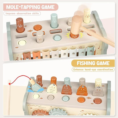 Joyreal Wooden Montessori Toys for 1 Year Old - Hammering Pounding Toy with Xylophone & Fishing Game - Educational Toddler Activities for 1 2 3 Year Old Christmas Birthday Gifts
