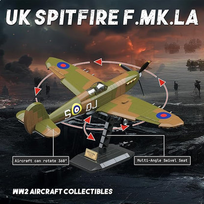 WW2 Military Fighter Jet UK Spitfire F.MK.la Plane Building Block Set, 682PCS Army Airplane Models Kit, Compatible with Lego,Airplane Toys Gifts for Ages 6+ Kid and Adult