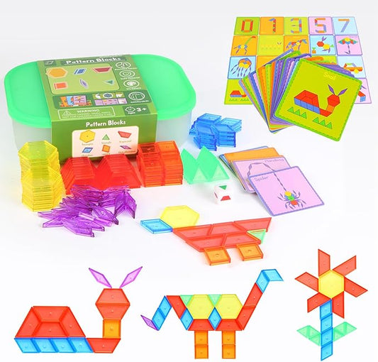 188 Pcs Translucent Plastic Pattern Blocks Set, Light Table Manipulative for Shape Recognition, Fun Geometric Shapes Tangram Puzzle with Storage Box