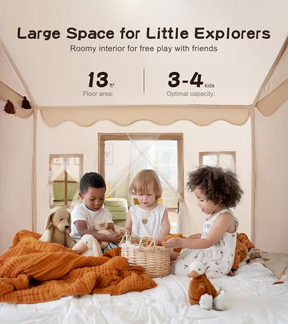 Play Tent with Mat, Star Light, Large Kids Playhouse with Windows Easy to Wash, Indoor and Outdoor Play Tents for Kids, Little Dove Toys for Girls, Boys, 47x40x52 (Beige Playhouse, Large Size)