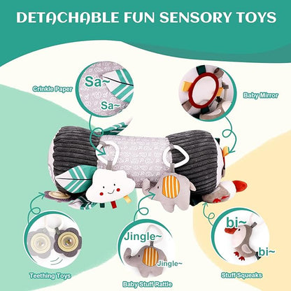Inflatable Baby Tummy Time Toys Pillow for Newborn, Montessori Baby Sensory Toys Roller with Detachable Mirror, Squeaker, Teether & Rattle, Help with Early Development 3-6 Months(Elephant)