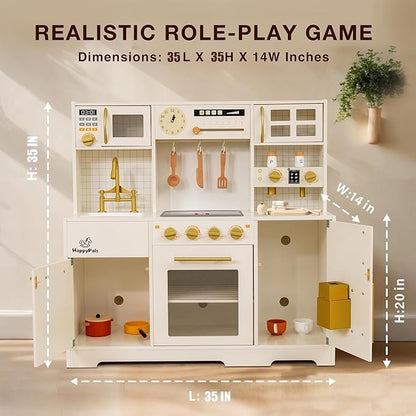 Kids Wooden Play Kitchen Set with Oven, Ice Maker & Coffee Maker - Pretend Cooking Toy Gift for Toddlers 3+ Years