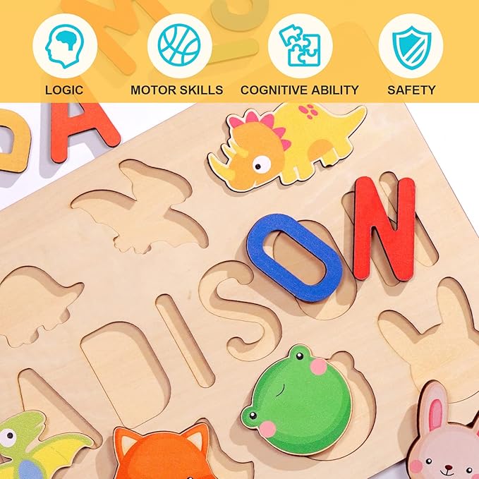 Personalized Name Puzzle for Kids, Custom Wooden Puzzles for Toddlers 1-3 Engraved Text on Back, Personalized Baby Gifts Educational Toys for 1 Year Old Girl Gifts for Birthday Baptism