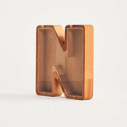 Personalized Wooden Piggy Bank – Custom Letter N Coin Bank in Beech Wood with Clear Acrylic Front, Engraved Name Option, Money Saving Box for Kids and Adults