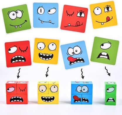 Wooden Face Changing Magic Cube Game, Expression Puzzle Building Blocks Pattern Matching Game, Educational Puzzles Toy Board Games for Kids and Adults with Bell