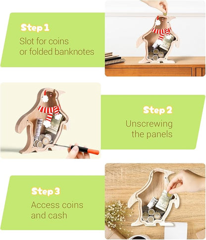 Wooden Christmas Piggy Bank for Kids, Adorable Penguin Piggy Bank with Acrylic Panels, Unbreakable Toddler Money Box for Boys Girls, Cute Saving Coin Jar for Birthday, Decor