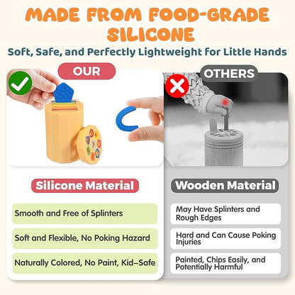Shape & Color Sorting Montessori Toy for Toddlers 1-3 with Dual Lids – Silicone Sensory Toys, Educational Preschool Toy for Fine Motor Skills, Learning & Restaurant Play for Boys and Girls