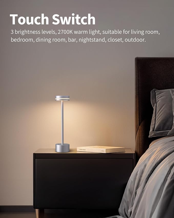 PUSU Portable Table Lamp Battery Powered LED Lamp Cordless Table Lights 3-Level Brightness Touch Control, for Home Office Bedroom Hotel Room Restaurant Outdoor(Silver)