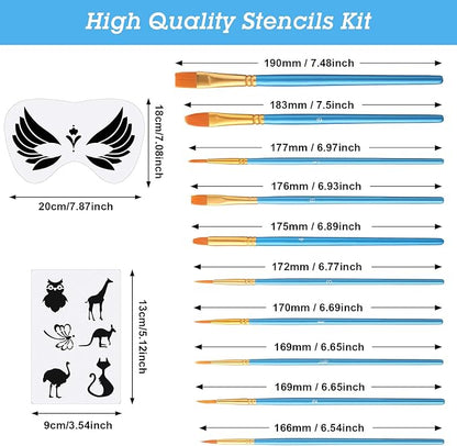 Fainne 68 Pcs Face Paint Stencils Kit, 48 Reusable Facial Painting Stencils with 10 Stickers 10 Painting Brushes Plastic Tattoo Templates for Halloween Party Makeup DIY Drawing Art(Weird Style)