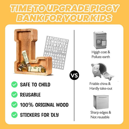 KMC Wooden Letter Piggy Bank, Personalized Initial Piggy Bank for Kids Boys, Clear Alphabet L Wood Money Box, Unbreakable Coin Saving Jar, Birthday, for Children