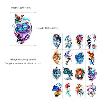 48 Watercolor temporary tattoos for adult and kids,Arm tattoo, body tattoo, watercolor lion wolf mermaid cat tiger,waterproof temporary tattoos realistic for women girls and kids, colourful