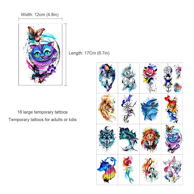 Roarhowl Temporary Tattoos for Adults and kids, Watercolor Art, DIY Stickers,Waterproof temporary tattoo (Medium)