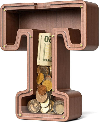 Summidate Wooden Letter Piggy Bank, Extra Thick Large Capacity Piggy Bank for Kids Boys Girls Toddler, Alphabet T Money Bank| Coin Box Birthday, Christmas, Festival