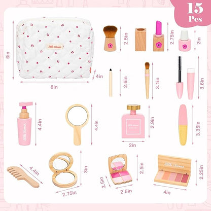 Wooden Makeup Toy Set, Pretend Play Makeup Kit for Toddlers Realistic Beauty Salon Set for Girls with Eyeshadow Lipstick Perfume Brush and Cosmetic Bag Birthday Gifts for Girls Toys Kids Aged 3 4 5 6