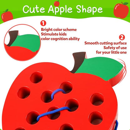 Skrtuan Wooden Lacing Apple Toy for Toddlers 3-5 Years Old, Montessori Fine Motor Skills Threading Puzzle, Educational Travel Gift for Boys & Girls