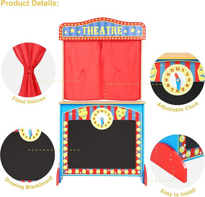 Deluxe Wooden Puppet Theater with Curtains, Blackboard and Clock, Double-Sided Play Store 3-8Y & Kid Puppet Show Theater with 2 Hand Puppets and 4 Finger Puppets for Toddlers 3+