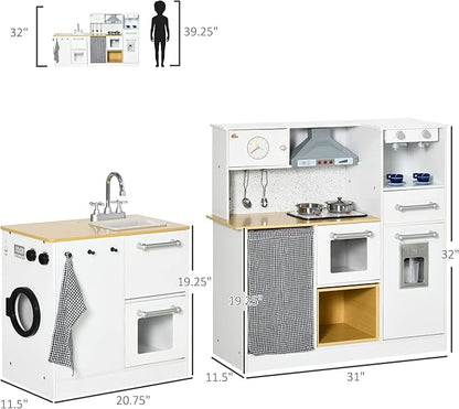 Qaba Kids Wooden Kitchen Playset with Sound Effects and Tons of Countertop Space, Wooden Corner Play Kitchen Set with Washing Machine, Imaginative Toy Pretend Restaurant, Ages 3-6, White