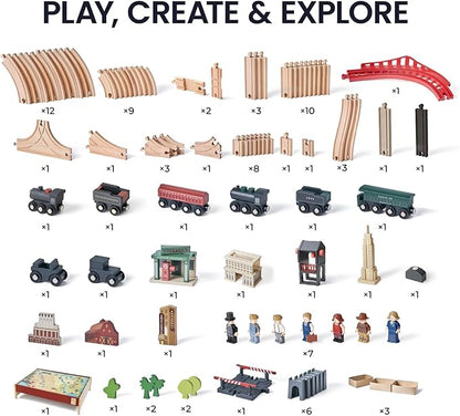 Tiny Land Large Wooden Train Table (47.9”x35.2”), 100PCS Train Set, 3 Storage Bins, Activity Playset for Kids Ages 3+