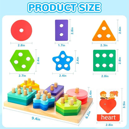 Shape Sorters for Toddlers 1-3 with 24-Piece Large Blocks & 12 Word Cards, Montessori Sensory Developmental Toy for Baby 12mo+, Wooden Stacking Puzzle Toy for 2-4 Year Old Kid Boy & Girl Birthday Gift