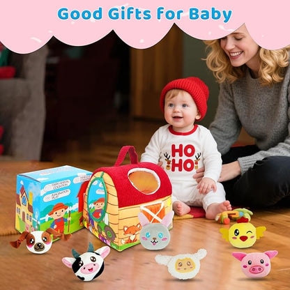 RedCrab Farm Animal Baby Toys for 6-12 Months, Soft Barn with 6PCS Stuffed Farm Animals, Rattle, Crinkle, Mirror, Sensory Toys for 6-12 Months, Montessori Toy Gift for Infants & Toddlers Birthday