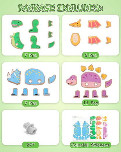 SainSmart Jr. Wooden Snap Together Building Toy, 4 Pcs Dinosaur Take Apart Toys, Montessori Toys for Toddler Developmental Learning - Ideal Gift for Boys and Girls