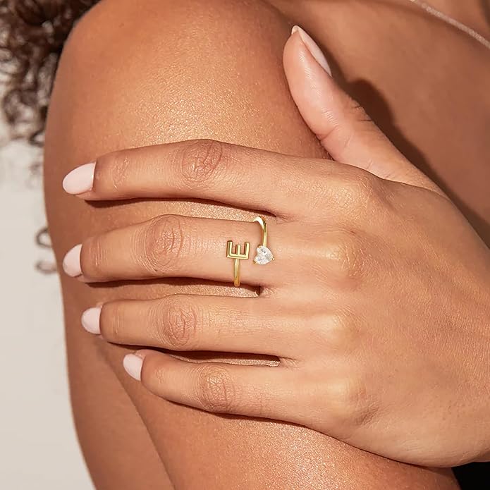 Gold Initial Rings for Women Girls - 18K Gold Plated Adjustable Letter A-Z Initial Ring Dainty Heart Zirconia Rings for Women Teen Girl Gifts