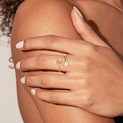 Gold Initial Rings for Women Girls - 18K Gold Plated Adjustable Letter A-Z Initial Ring Dainty Heart Zirconia Rings for Women Teen Girl Gifts