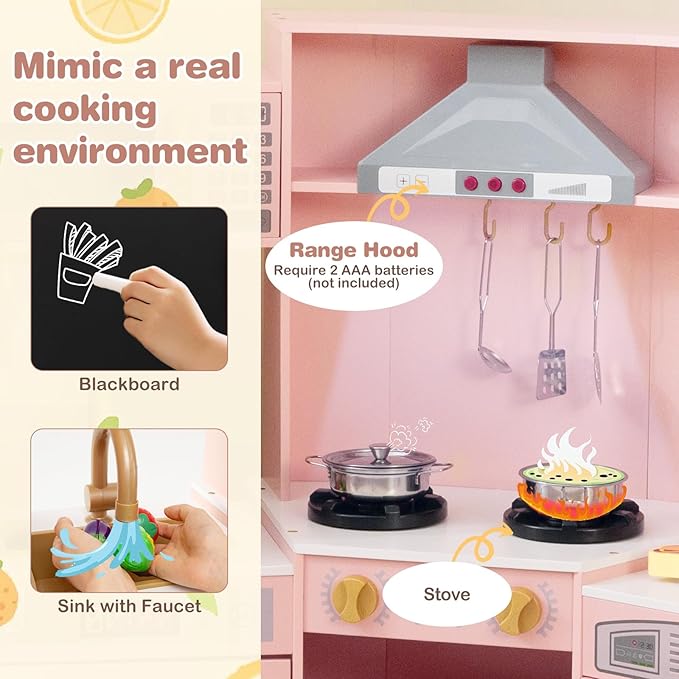 HONEY JOY Corner Play Kitchen, Large Wooden Pretend Toy Kitchen Set w/Lights, Ice & Coffee Maker, Range Hood, Chalkboard, Microwave, Cookware, Little Chef Kids Kitchen Playset for Toddlers (Pink)