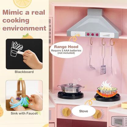 HONEY JOY Corner Play Kitchen, Large Wooden Pretend Toy Kitchen Set w/Lights, Ice & Coffee Maker, Range Hood, Chalkboard, Microwave, Cookware, Little Chef Kids Kitchen Playset for Toddlers (Pink)