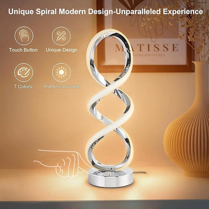 Modern Spiral RGB Table Lamp, Touch Dimmable Bedside Lamp, 7 Colors 10 Light Modes Spiral Design Table Lamp, Unique Nightstand Lamp for Living Room, Bedroom, Cool Lamps, Sliver, 2 Pack