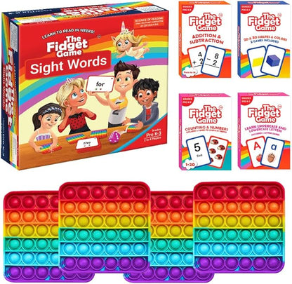 THE FIDGET GAME Kindergarten Learning Bundle - Flashcards and Pop Fidget Toys for Kids Pre-K to Grade 3 - Learning Activities and Games for High-Frequency Dolch Sight Words - Includes Mats and Dice