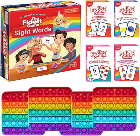 THE FIDGET GAME Kindergarten Learning Bundle - Flashcards and Pop Fidget Toys for Kids Pre-K to Grade 3 - Learning Activities and Games for High-Frequency Dolch Sight Words - Includes Mats and Dice