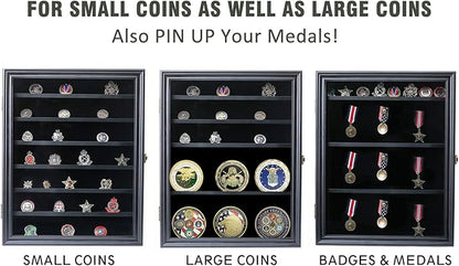 Military Challenge Coin Display Case Lockable Wood Cabinet Rack Holder Black Shadow Box with Removable 2 Grooves Shelves and Anti Fade Real Glass Door for Casino Poker Chips Collectibles