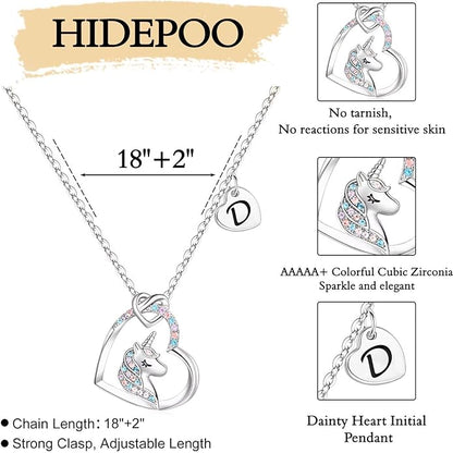 Hidepoo Unicorn Necklace Gifts for Girls - Colorful CZ Heart Pendant Initial Unicorns Necklaces for Teens Little Girls Jewelry Birthday Gift for Girl Daughter Granddaughter Niece