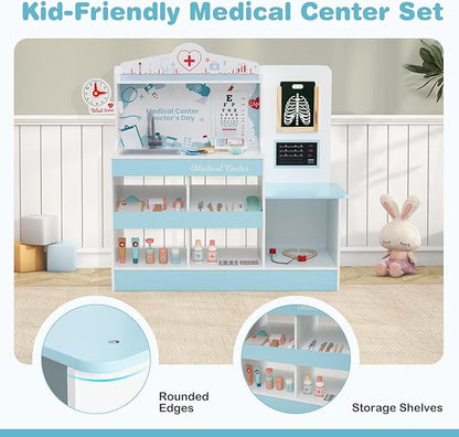 HONEY JOY Kids Wooden Doctor Play Set, 2 In 1 Checkup Medical Office Center & Vet Clinic Station, Exam Area & Interactive Accessories, X-Ray, Toddler Pretend Hospital Playset Kit for Boys Girls (Blue)