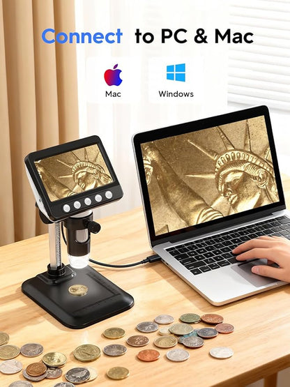 Coin Microscope, 4.3" LCD USB Digital 1000X Coin Magnifier with 8 Adjustable LED Lights, 1080P PC View Compatible with Windows/MacBook for Adults Kids