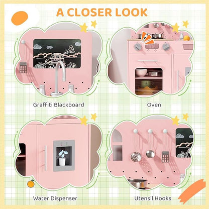 MAMIZO Wooden Kids Play Kitchen Set with Real Lights & Sounds, Interactive Pretend Kitchen with Knob Sounds, Sink, Water Dispenser, 6 Pcs Cookware & Chalkboard Panel for Toddlers and Children (Pink)